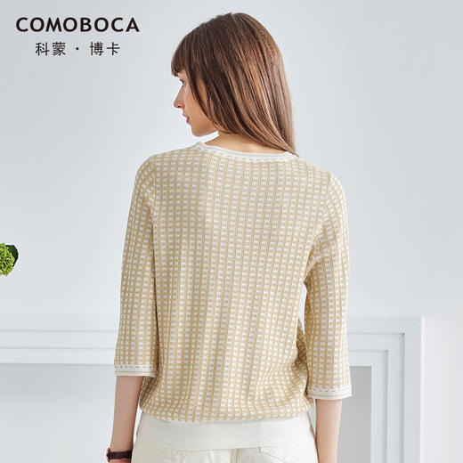 科蒙博卡春夏七分袖时尚格纹真丝T恤女圆领桑蚕丝上衣套头衫KSP1026H0122 商品图1