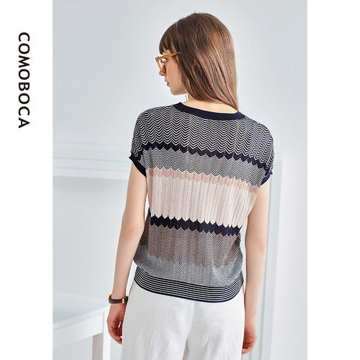 科蒙博卡夏季圆领镂空透气针织真丝上衣女 时尚条纹桑蚕丝T恤KSP1068H4498 商品图2