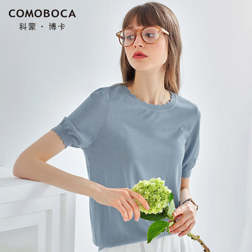 科蒙博卡夏季花边圆领真丝上衣女纯色桑蚕丝透气针织小衫上衣YSP1018H4218 商品图0