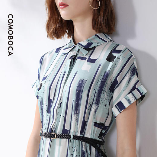 科蒙博卡夏季衬衫领OL风真丝裙女 淡色条纹印花桑蚕丝连衣裙KXNX001977B1 商品图3