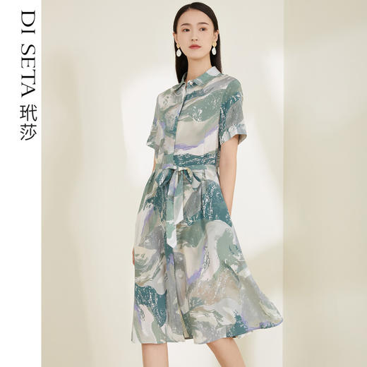 玳莎真丝印花女夏季 弹力双绉高级感收腰短袖桑蚕丝连衣裙  CB35119 商品图0