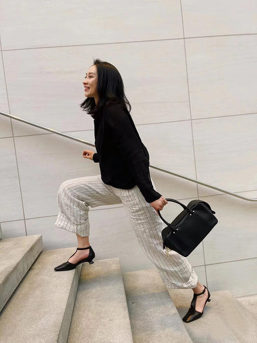 HIDEMI 羊皮方尖头复古设计感小跟凉鞋皮鞋 黑色/裸米色 商品图2