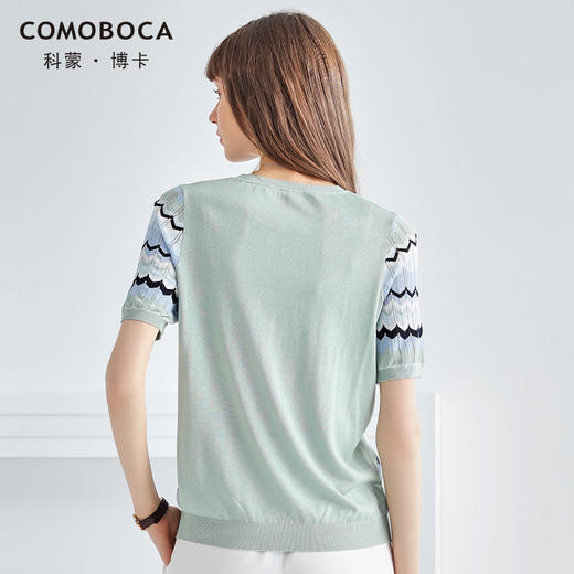 科蒙博卡夏季圆领几何波形图案真丝上衣女镂空桑蚕丝针织小衫KSP1030H2158 商品图4