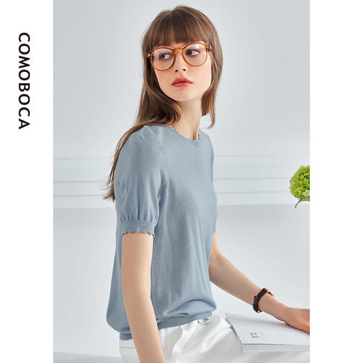 科蒙博卡夏季花边圆领真丝上衣女纯色桑蚕丝透气针织小衫上衣YSP1018H4218 商品图2