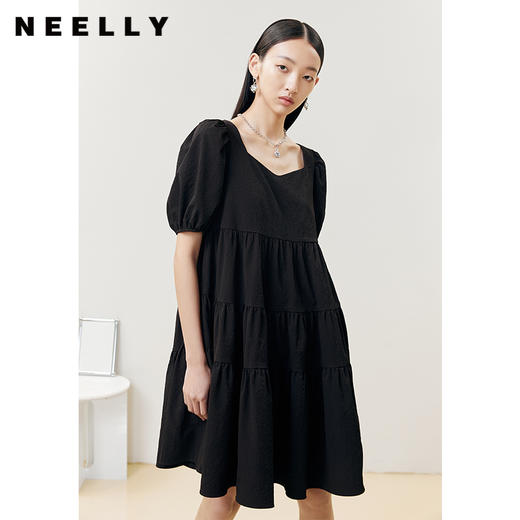 NEELLY纳俪商场同款桃心领短袖黑色连衣裙女夏季泡泡袖娃娃裙显瘦N22042Y01048 商品图1