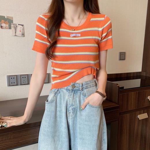 黛唯梵三木子快时尚女装~新款韩版条纹百搭修身显瘦圆领短袖针织上衣女 商品图3