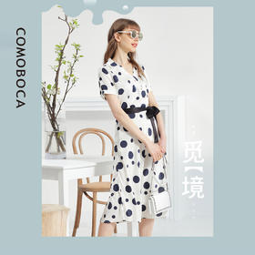 科蒙博卡夏季新品真丝连衣裙女V领黑白波点腰带桑蚕丝长裙KXMT031005A1D