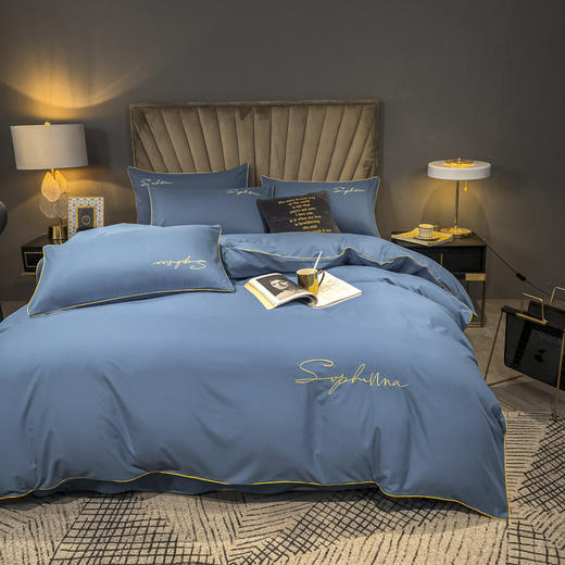 纯色刺绣水洗天丝四件套冰丝床单双面真丝被套丝滑裸睡床上套件凉席 商品图0