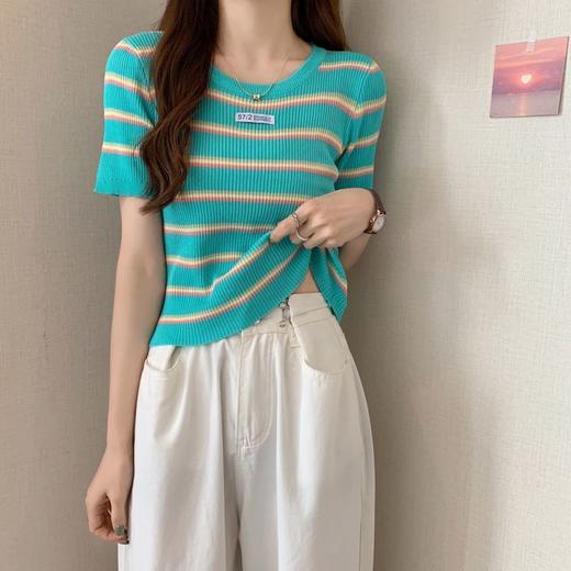 黛唯梵三木子快时尚女装~新款韩版条纹百搭修身显瘦圆领短袖针织上衣女 商品图4