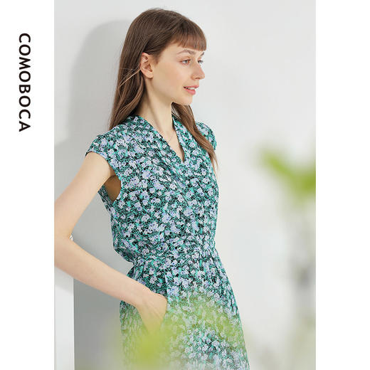 科蒙博卡夏季V领时尚印花真丝裙女系带收腰碎花桑蚕丝连衣裙KXPYC508H1F1 商品图4