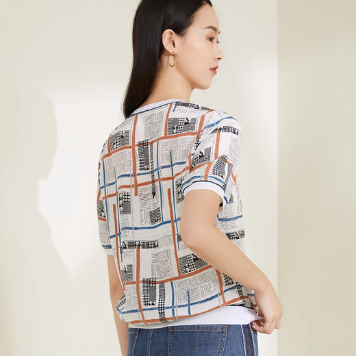 玳莎16mm双绉真丝印花上衣新品通勤时尚罗纹领桑蚕丝短袖T恤 CB31102 商品图2