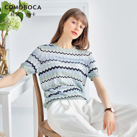 科蒙博卡夏季圆领几何波形图案真丝上衣女镂空桑蚕丝针织小衫KSP1030H2158 商品图1
