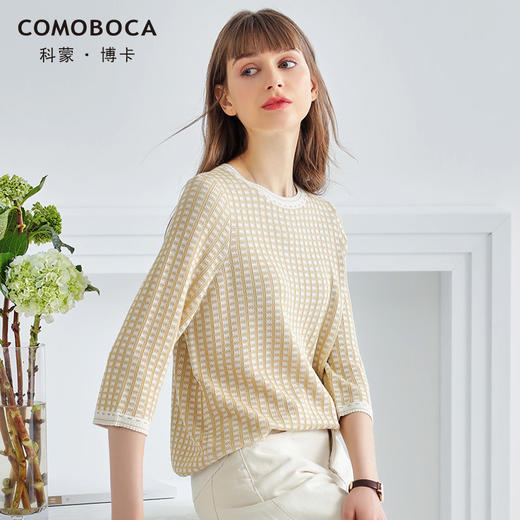 科蒙博卡春夏七分袖时尚格纹真丝T恤女圆领桑蚕丝上衣套头衫KSP1026H0122 商品图3