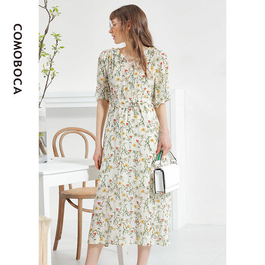 科蒙博卡夏季娃娃领时尚印花减龄真丝裙女 系带桑蚕丝连衣裙KXPGKKE501F1 商品图2