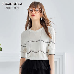 科蒙博卡夏季镂空透气圆领真丝上衣女 金银丝条纹桑蚕丝T恤YSP1000H0122