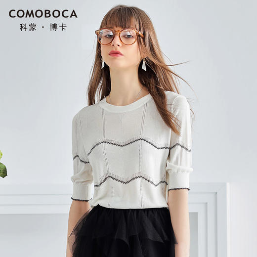 科蒙博卡夏季镂空透气圆领真丝上衣女 金银丝条纹桑蚕丝T恤YSP1000H0122 商品图0