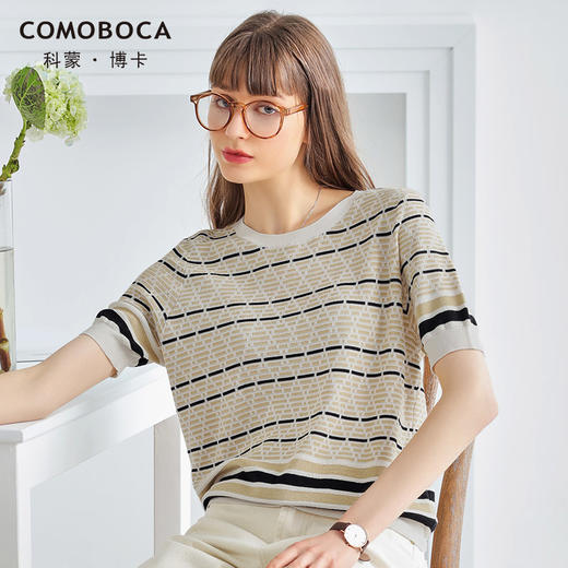 科蒙博卡夏季圆领镂空透气针织真丝上衣女 时尚条纹桑蚕丝T恤KSP1058H0122 商品图2