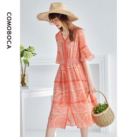 科蒙博卡夏季荷叶袖V领真丝裙 靓丽印花桑蚕丝中袖修身连衣裙KXPKKMLY27R1 商品图2