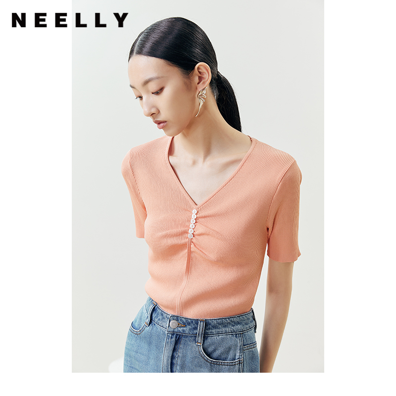 NEELLY纳俪商场同款短袖针织衫女薄款V领修身套头衫上衣2022夏季N22042A01034