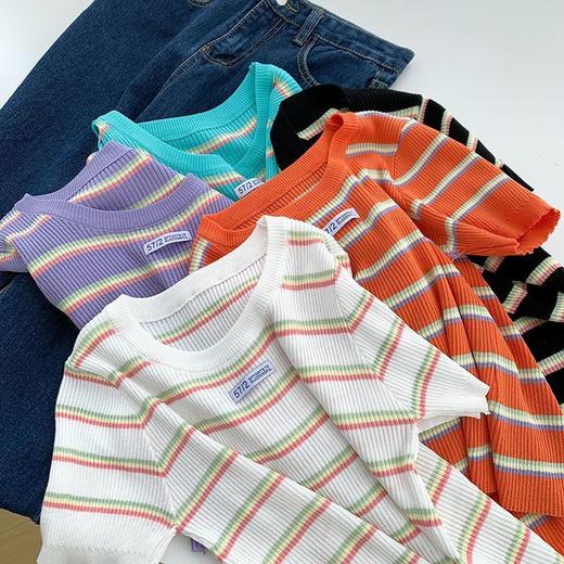 黛唯梵三木子快时尚女装~新款韩版条纹百搭修身显瘦圆领短袖针织上衣女 商品图8