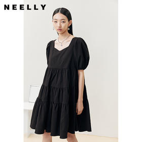 NEELLY纳俪商场同款桃心领短袖黑色连衣裙女夏季泡泡袖娃娃裙显瘦N22042Y01048