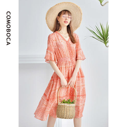 科蒙博卡夏季荷叶袖V领真丝裙 靓丽印花桑蚕丝中袖修身连衣裙KXPKKMLY27R1 商品图1