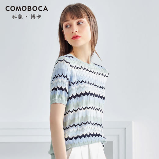科蒙博卡夏季圆领几何波形图案真丝上衣女镂空桑蚕丝针织小衫KSP1030H2158 商品图3
