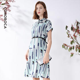 科蒙博卡夏季衬衫领OL风真丝裙女 淡色条纹印花桑蚕丝连衣裙KXNX001977B1