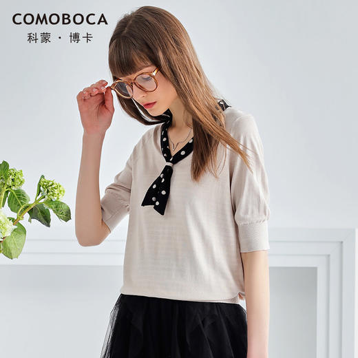 科蒙博卡春夏短袖真丝T恤女系带圆领五分袖桑蚕丝上衣小衫KSP1070H8156 商品图3