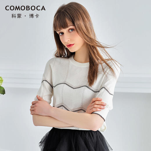 科蒙博卡夏季镂空透气圆领真丝上衣女 金银丝条纹桑蚕丝T恤YSP1000H0122 商品图1