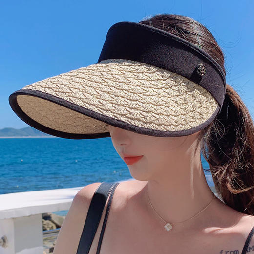 JC-G1-M1670（爱心钻标空顶草帽）韩国夏季帽女韩版爱心钻标包边大沿帽护脸空顶帽海边沙滩帽 商品图1