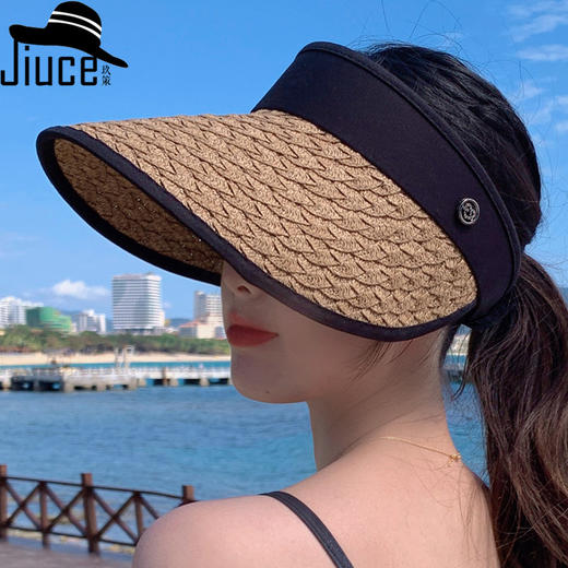 JC-G1-M1670（爱心钻标空顶草帽）韩国夏季帽女韩版爱心钻标包边大沿帽护脸空顶帽海边沙滩帽 商品图0