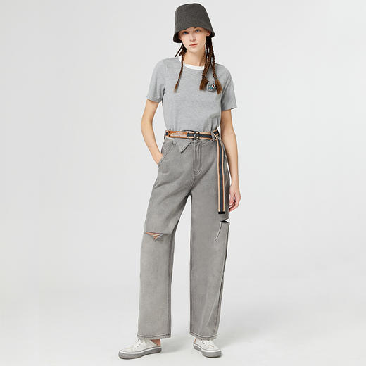 Famecoco范可儿灰色休闲破洞牛仔裤女新款直筒宽松阔腿裤夏季F223GA022 商品图1