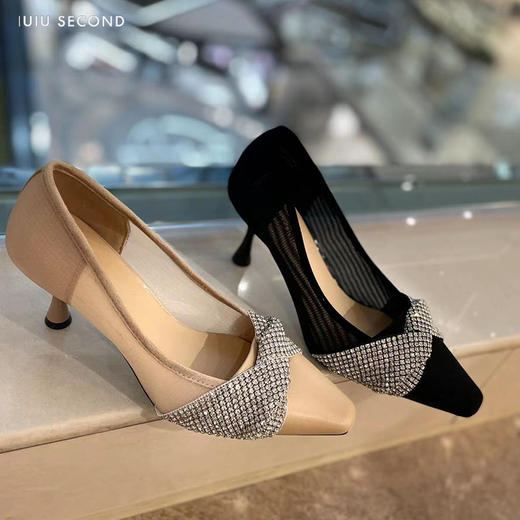 IUIU SECOND2022夏季新款水钻网面高跟鞋浅口单鞋 商品图3
