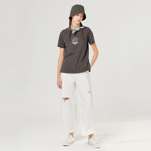 Famecoco范可儿灰色休闲破洞牛仔裤女新款直筒宽松阔腿裤夏季F223GA022 商品图3