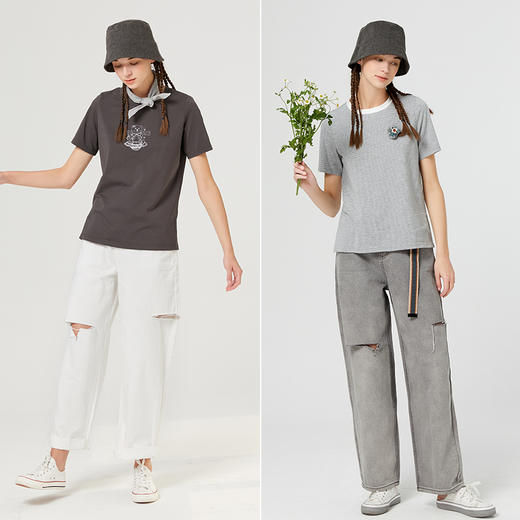 Famecoco范可儿灰色休闲破洞牛仔裤女新款直筒宽松阔腿裤夏季F223GA022 商品图4