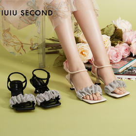 IUIU SECOND夏季新款方头中跟凉鞋水钻一字带凉鞋