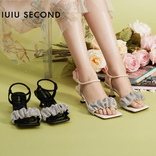 IUIU SECOND夏季新款方头中跟凉鞋水钻一字带凉鞋 商品图0
