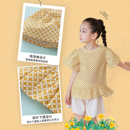 【设计师款蓬蓬袖】龙之涵荷叶摆蓬蓬袖短袖上衣  高支盐缩工艺 全棉 女童荷叶摆短袖上衣 商品图3