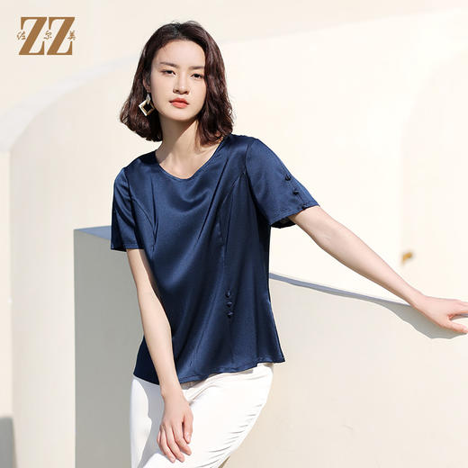 佐尔美2022夏季新款 桑蚕丝真丝纯色提花缎衬衫女E12CS89 商品图3