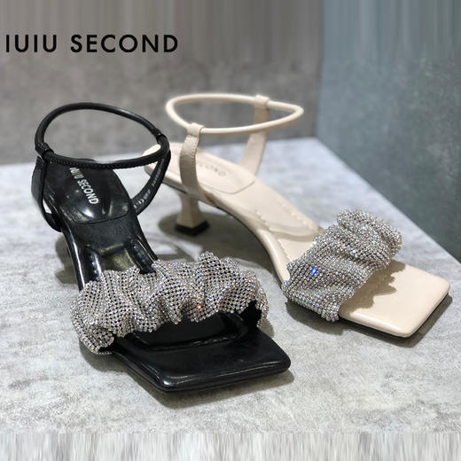 IUIU SECOND夏季新款方头中跟凉鞋水钻一字带凉鞋 商品图3