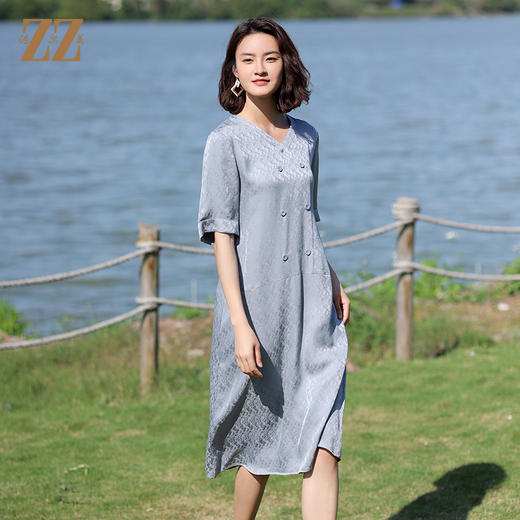 佐尔美2022夏季新款 100%桑蚕丝真丝提花和服绸连衣裙女E12LS28 商品图1
