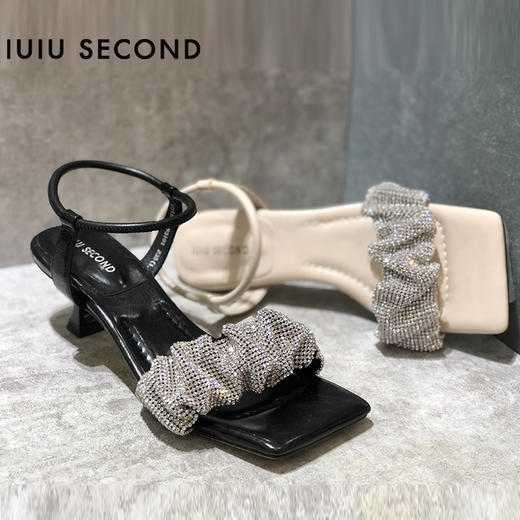 IUIU SECOND夏季新款方头中跟凉鞋水钻一字带凉鞋 商品图6