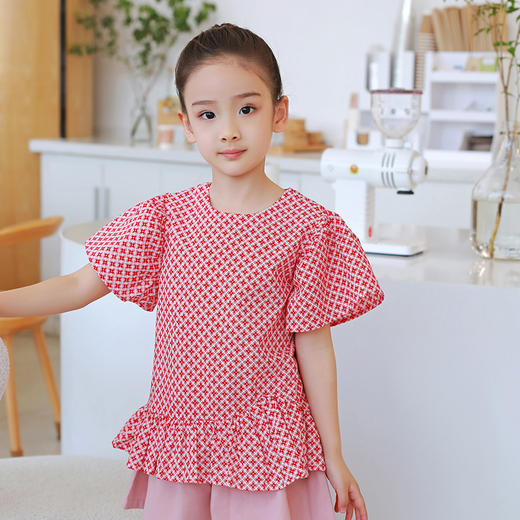 【设计师款蓬蓬袖】龙之涵荷叶摆蓬蓬袖短袖上衣  高支盐缩工艺 全棉 女童荷叶摆短袖上衣 商品图4