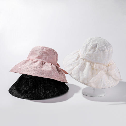 JC-I1-M1815（蕾丝蝴蝶结遮阳帽）女神蕾丝大沿帽子女夏天户外宽边遮阳帽系带蝴蝶结轻薄太阳帽 商品图3