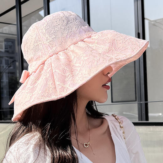JC-I1-M1815（蕾丝蝴蝶结遮阳帽）女神蕾丝大沿帽子女夏天户外宽边遮阳帽系带蝴蝶结轻薄太阳帽 商品图0