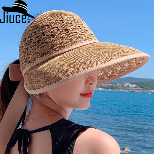 JC-F2-M1663（菱形洞洞空顶草帽）精品帽韩国女夏天新款透气菱形洞洞大沿空顶帽子休闲百搭沙滩帽 商品图0