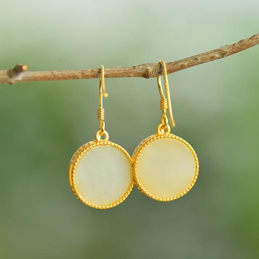 JX-2612-6古风玉石耳坠带证书925银镀金竹节冷珐琅镶嵌和田玉耳环 商品图3