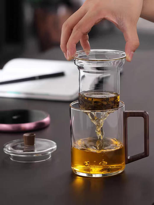 茶水分离玻璃花茶杯 个人专用杯子过滤 男女办公室木把泡茶杯带盖 商品图1