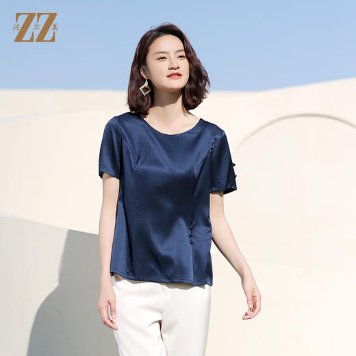 佐尔美2022夏季新款 桑蚕丝真丝纯色提花缎衬衫女E12CS89 商品图2